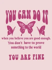 SHEIN EZwear Slogan & Butterfly Print Kangaroo Pocket Drawstring Thermal Hoodie - Baby Pink - View 3