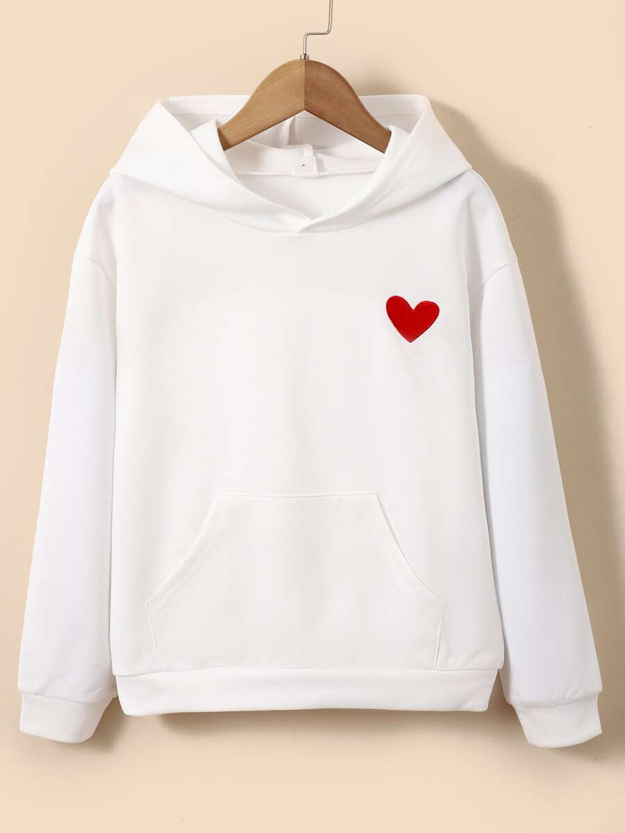 Tween Girl Heart Embroidery Kangaroo Pocket Drop Shoulder Sweatshirt - White - View 1