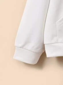 Tween Girl Heart Embroidery Kangaroo Pocket Drop Shoulder Sweatshirt - White - View 3