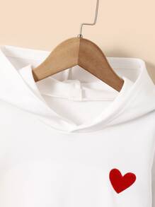 Tween Girl Heart Embroidery Kangaroo Pocket Drop Shoulder Sweatshirt - White - View 6