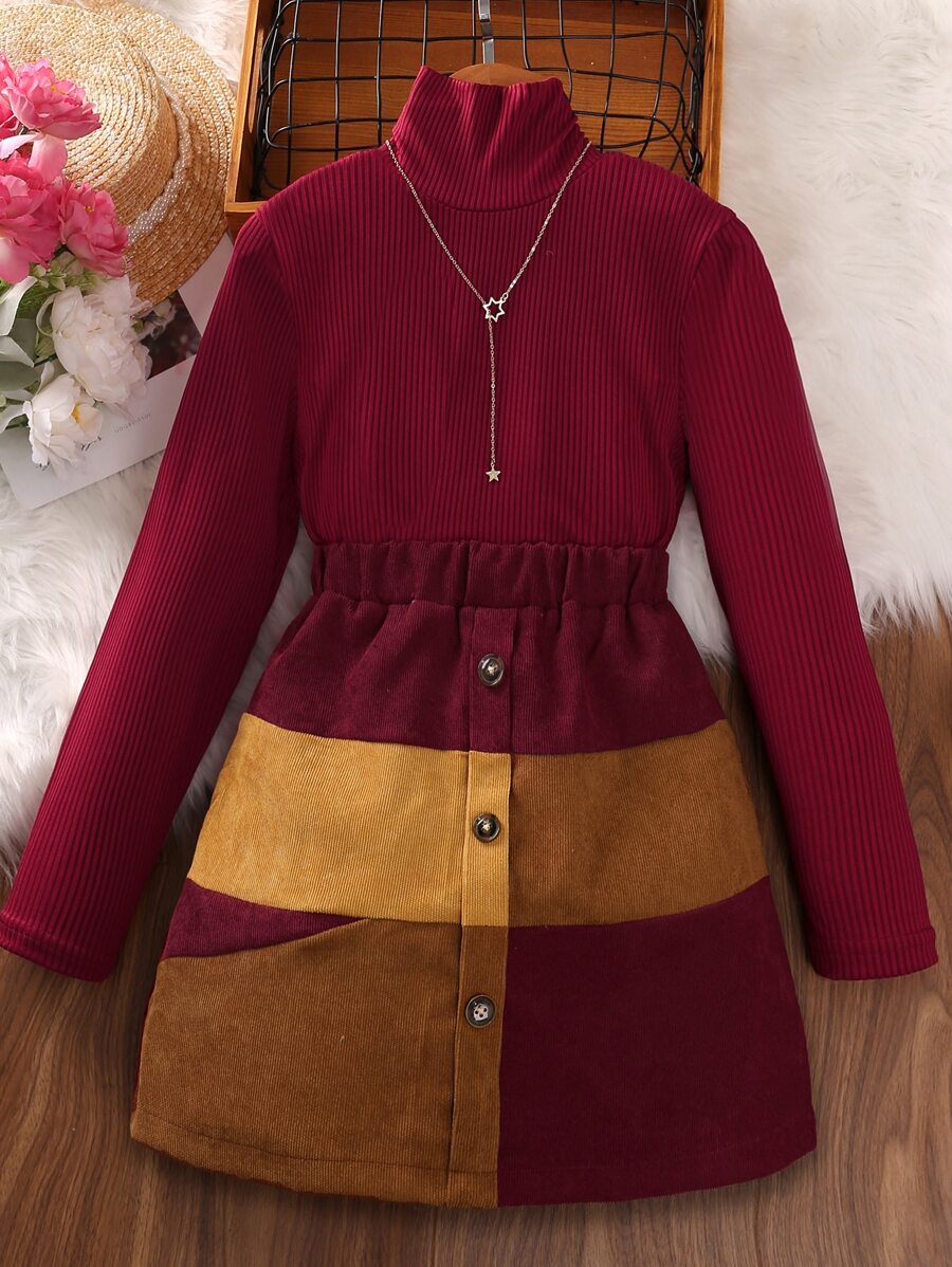 Girls High Neck Ribbed Knit Tee & Colourblock Skirt - Burgundy - View 1