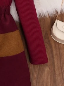 Girls High Neck Ribbed Knit Tee & Colourblock Skirt - Burgundy - View 4