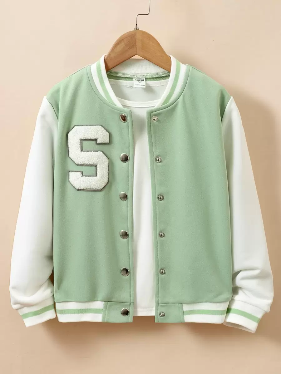 Girls Letter Patched Striped Trim Varsity Jacket Without Tee - Mint Green - View 1