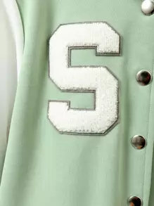 Girls Letter Patched Striped Trim Varsity Jacket Without Tee - Mint Green - View 4