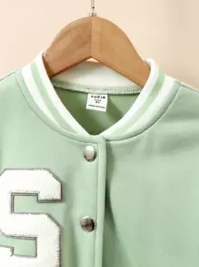 Girls Letter Patched Striped Trim Varsity Jacket Without Tee - Mint Green - View 5