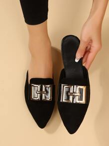 Faux Suede Metal Decor Point Toe Mule Flats - Black - View 2