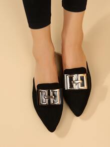 Faux Suede Metal Decor Point Toe Mule Flats - Black - View 4