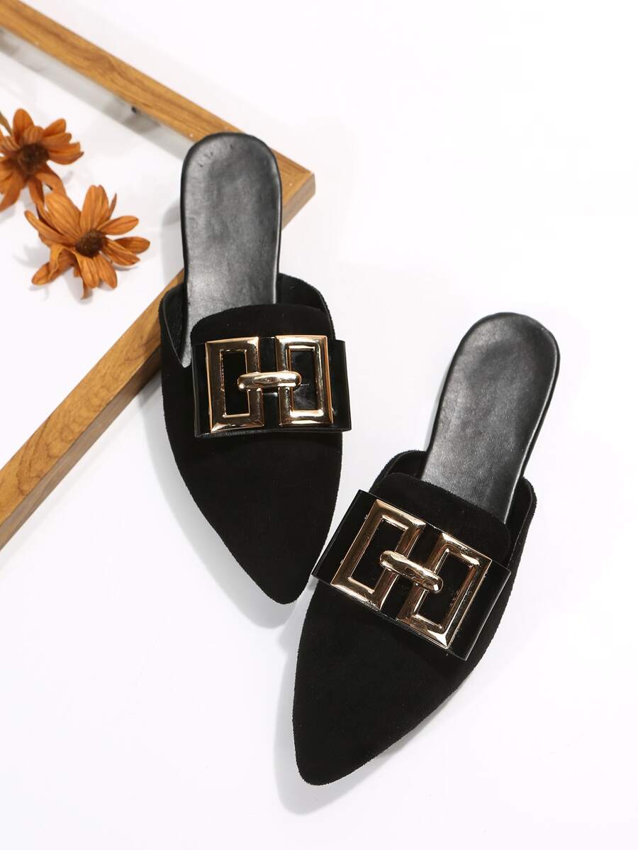 Faux Suede Metal Decor Point Toe Mule Flats - Black - View 1