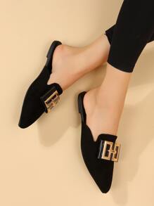 Faux Suede Metal Decor Point Toe Mule Flats - Black - View 3