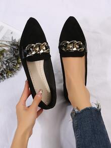 Chain Decor Faux Suede Point Toe Flat Loafers - Black - View 1