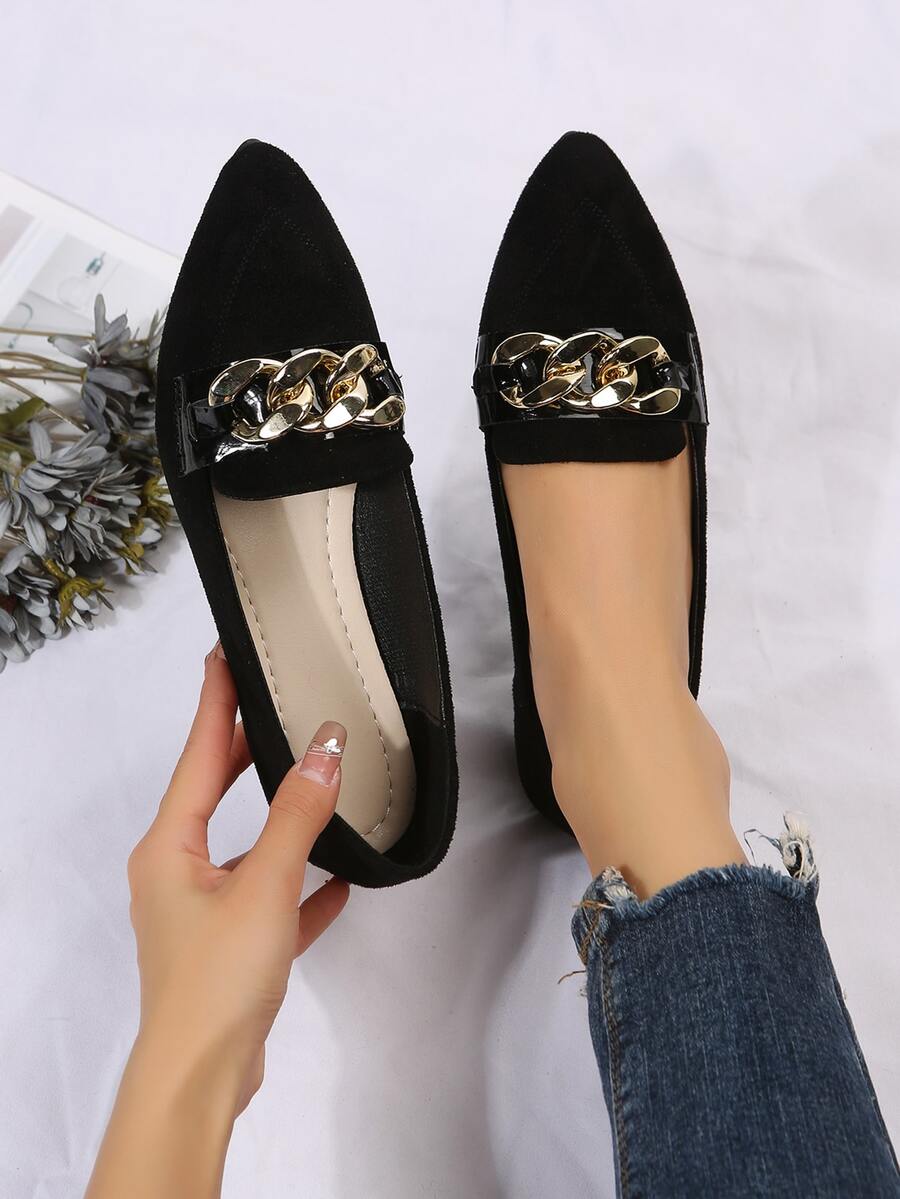 Chain Decor Faux Suede Point Toe Flat Loafers - Black - View 1