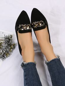Chain Decor Faux Suede Point Toe Flat Loafers - Black - View 3