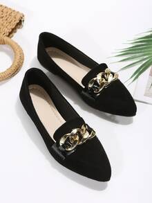 Chain Decor Faux Suede Point Toe Flat Loafers - Black - View 5