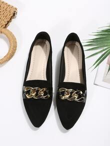Chain Decor Faux Suede Point Toe Flat Loafers - Black - View 6