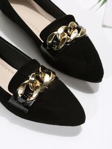 Chain Decor Faux Suede Point Toe Flat Loafers - Black - View 7