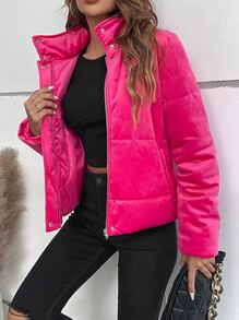 SHEIN LUNE Abrigo acolchado con cremallera, botón a presión, bolsillo inclinado acolchado para ropa de invierno - Rosa Fucsia - Ver 3