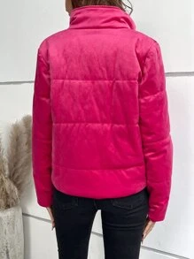 SHEIN LUNE Abrigo acolchado con cremallera, botón a presión, bolsillo inclinado acolchado para ropa de invierno - Rosa Fucsia - Ver 2