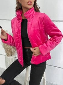 SHEIN LUNE Abrigo acolchado con cremallera, botón a presión, bolsillo inclinado acolchado para ropa de invierno - Rosa Fucsia - Ver 1
