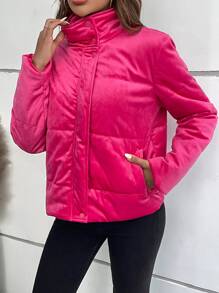 SHEIN LUNE Abrigo acolchado con cremallera, botón a presión, bolsillo inclinado acolchado para ropa de invierno - Rosa Fucsia - Ver 5