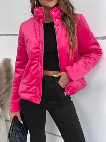 SHEIN LUNE Abrigo acolchado con cremallera, botón a presión, bolsillo inclinado acolchado para ropa de invierno - Rosa Fucsia - Ver 6