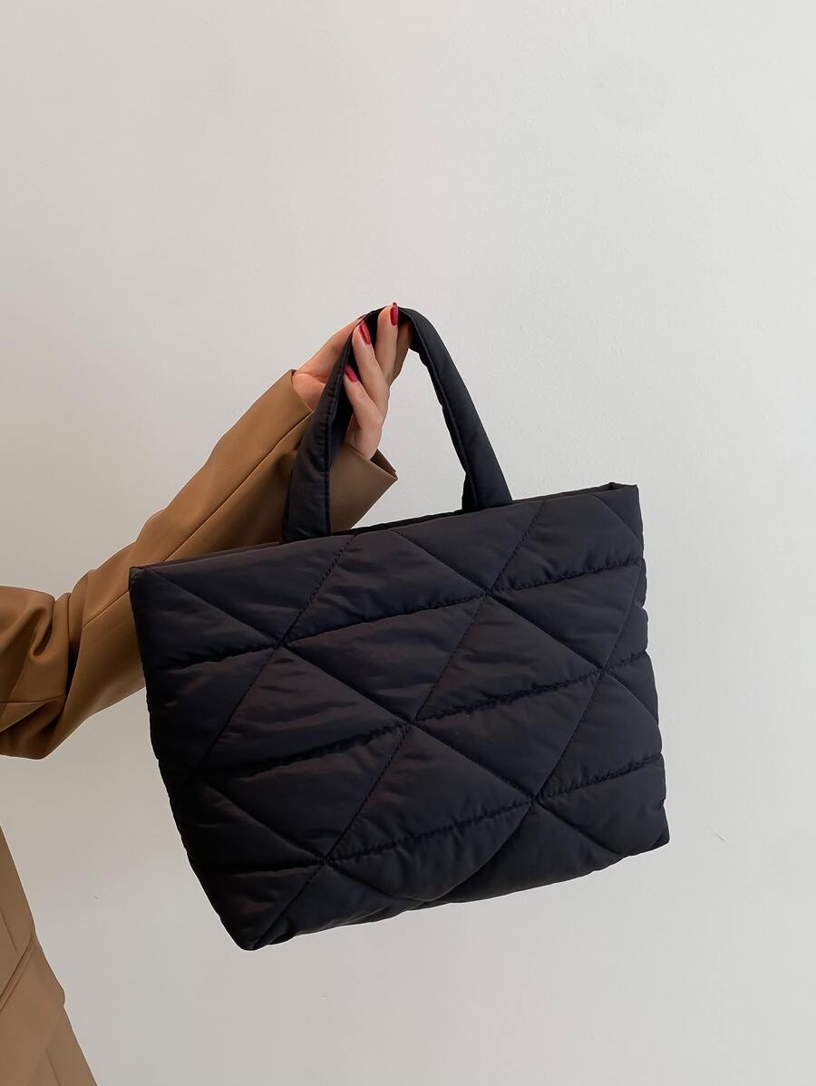 Quilted Detail Top Handle Bag - Black - View 1