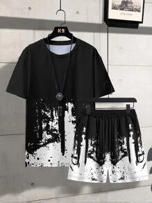 Manfinity LEGND Men Graphic Print Tee & Shorts - Black and White - View 1