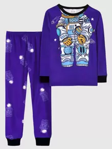 男孩宇航員印花緊身睡衣套裝 - 寶藍色 - 查看 1