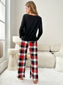 Plaid Print Bow Waist Pyjama Set - Multicolor - View 2
