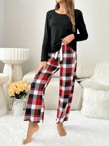 Plaid Print Bow Waist Pyjama Set - Multicolor - View 3