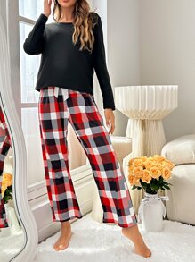 Plaid Print Bow Waist Pyjama Set - Multicolor - View 5