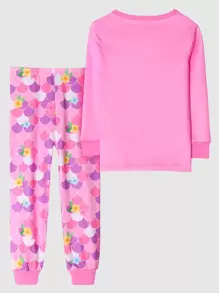 2入組少女粉色人魚和花印緊身睡衣套裝,家居睡衣