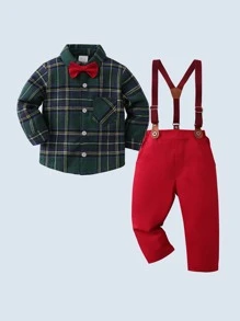 Toddler Boys Plaid Bow Front Shirt & Suspender Pants - Multicolor - View 1