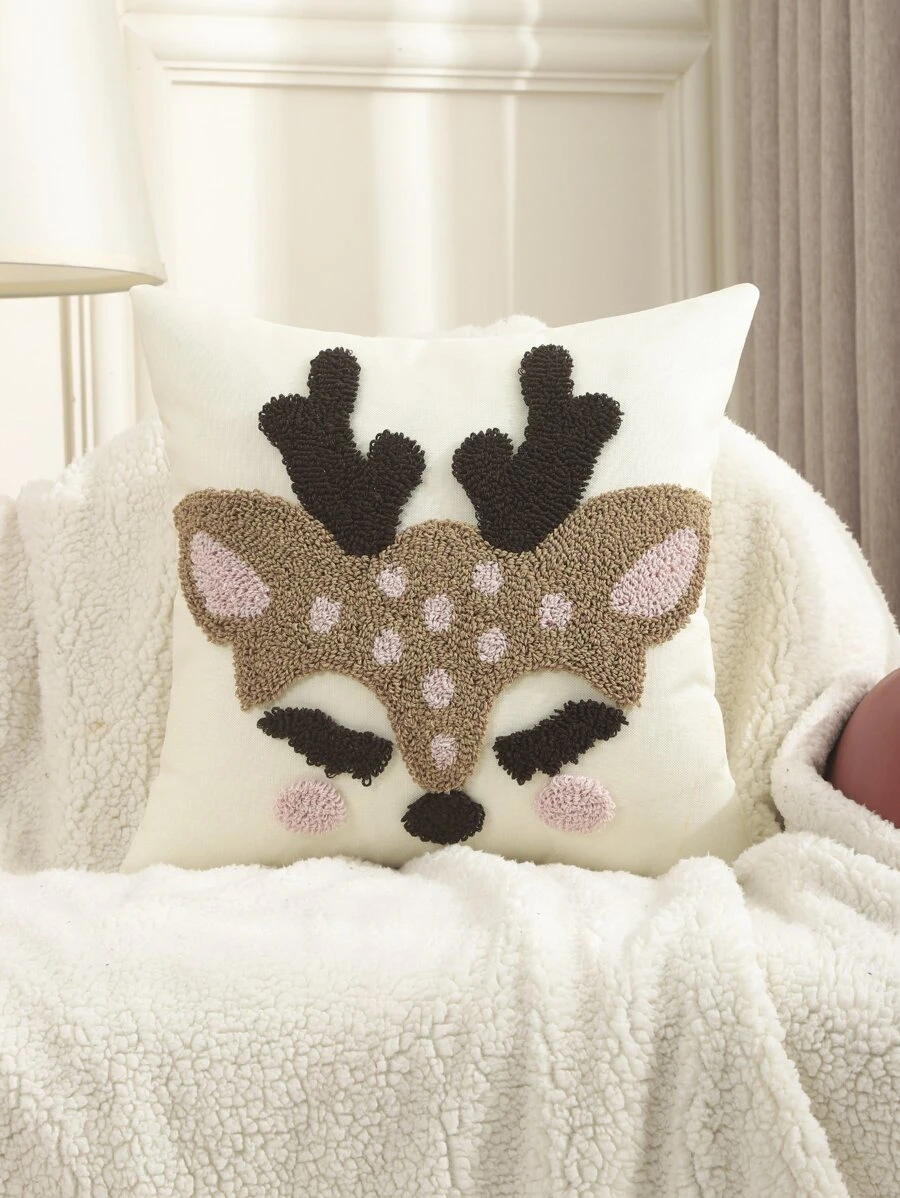 1pc Christmas Pillow Case With Realistic Embroidered Reindeer On Burlap - Multicolor - View 1