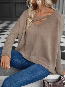Jersey con tira cruzada de hombros caídos - Marrón Mocha - Ver 1