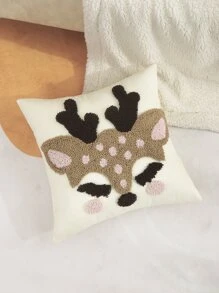 1pc Christmas Pillow Case With Realistic Embroidered Reindeer On Burlap - Multicolor - View 4