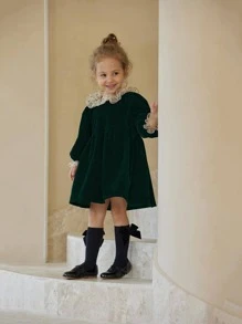 Toddler Girls Contrast Mesh Smock Dress - Dark Green - View 1