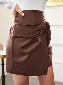 SHEIN Frenchy 圍裹側打結PU皮革半身裙