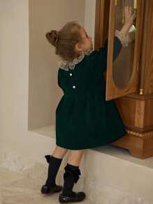 Toddler Girls Contrast Mesh Smock Dress - Dark Green - View 2