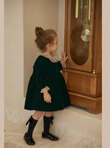 Toddler Girls Contrast Mesh Smock Dress - Dark Green - View 3