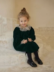 Toddler Girls Contrast Mesh Smock Dress - Dark Green - View 4