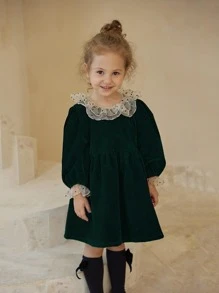 Toddler Girls Contrast Mesh Smock Dress - Dark Green - View 5