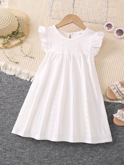 SHEIN Vintaside Kids 夏季女孩白色素色度假風荷葉袖小圓領迷你連身裙