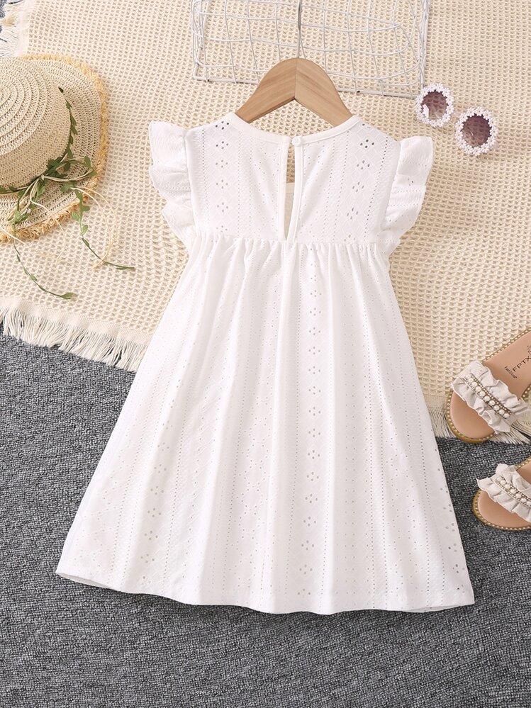 SHEIN Vintaside Kids Minivestido blanco de estilo de vacaciones de Color sólido para chica joven con mangas con volantes y cuello redondo pequeño para el verano - Blanco - Añade 2