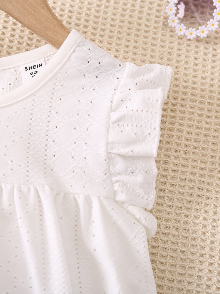 SHEIN Vintaside Kids Minivestido blanco de estilo de vacaciones de Color sólido para chica joven con mangas con volantes y cuello redondo pequeño para el verano - Blanco - Añade 5