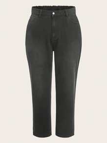 Plus High Waist Mom Fit Jeans - Dark Grey - View 1