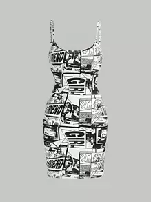 SHEIN EZwear 波普艺术印花紧身连衣裙 - 黑與白 - 查看 1