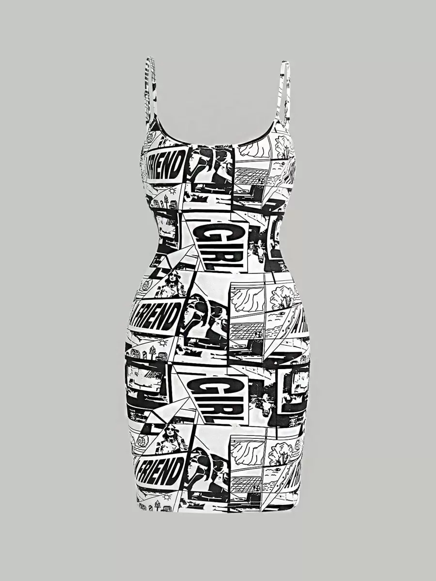 SHEIN EZwear 波普艺术印花紧身连衣裙 - 黑與白 - 查看 1