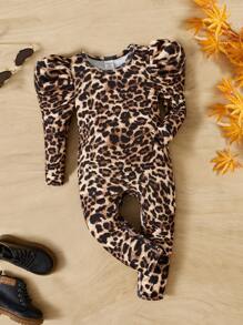 SHEIN 嬰兒豹紋印花泡泡袖連身褲 - 彩色 - 查看 1