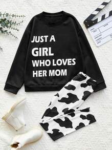 Tween Girl Slogan Graphic Pullover & Cow Print Leggings - Black and White - View 1
