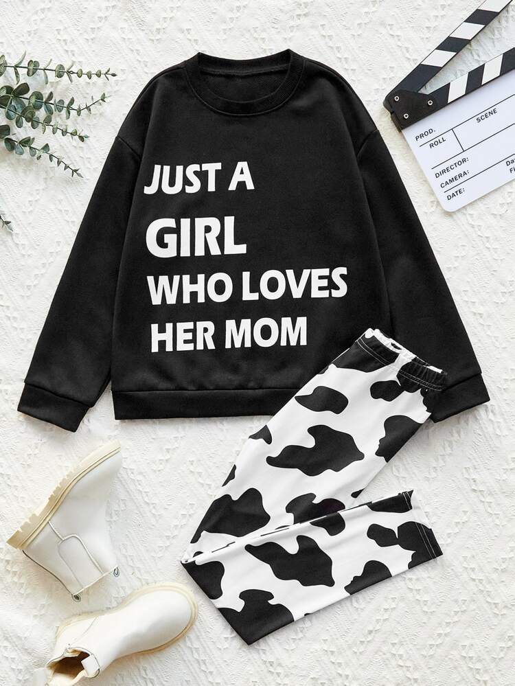Tween Girl Slogan Graphic Pullover & Cow Print Leggings